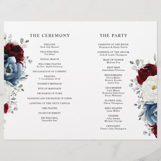 Slate Blue Burgundy White Ivory Floral Program (Rückseite)