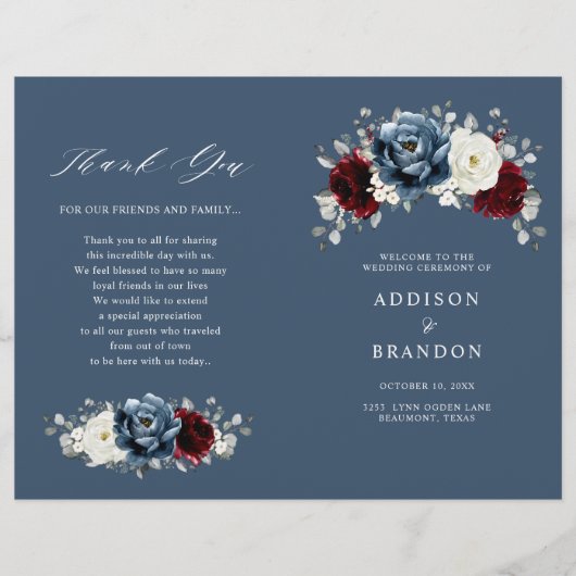 Slate Blue Burgundy White Ivory Floral Program (Vorderseite)