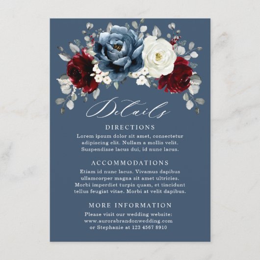 Slate Blue Burgundy White Ivory Floral Wedding En Begleitkarte (Vorderseite)