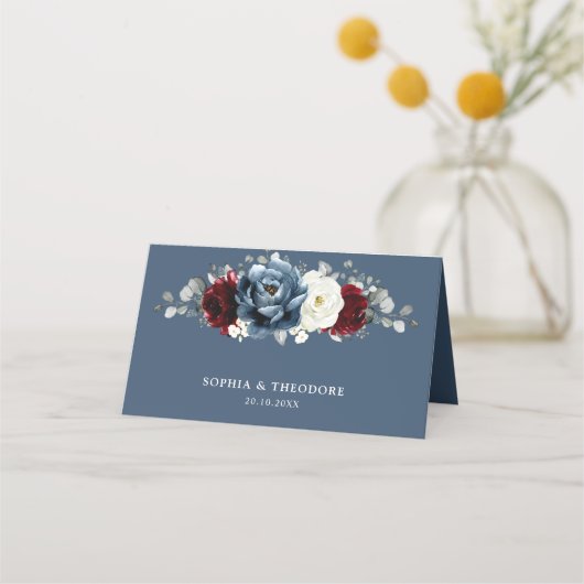 Slate Blue Burgundy White Ivory Floral Wedding Pl Platzkarte (Rückseite)