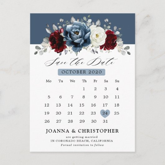 Slate Blue Burgundy White Ivory Floral Wedding Po Postkarte (Vorderseite)