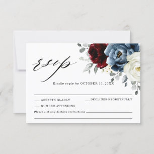 Slate Blue Burgundy White Ivory Floral Wedding RSV RSVP Karte