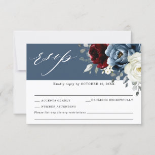 Slate Blue Burgundy White Ivory Floral Wedding RSV RSVP Karte