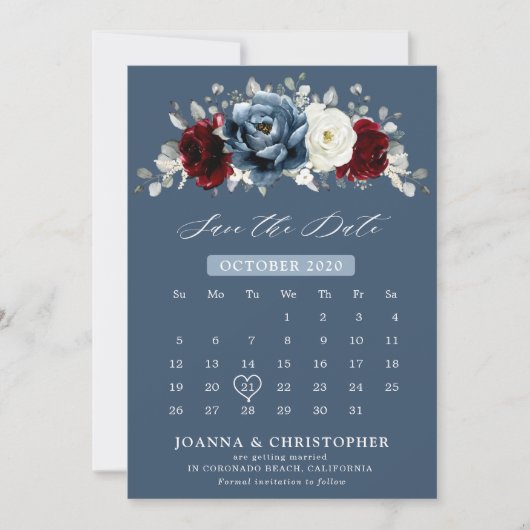 Slate Blue Burgundy White Ivory Floral Wedding Sa Save The Date (Vorderseite)