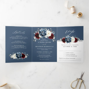 Slate Blue Burgundy White Ivory Floral Wedding Tr Dreifach Gefaltete Ankündigung