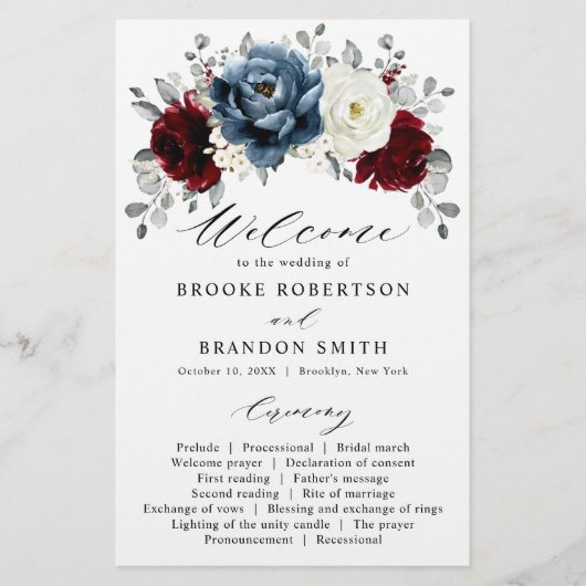 Slate Blue Burgundy White Ivory Wedding Program (Vorderseite)