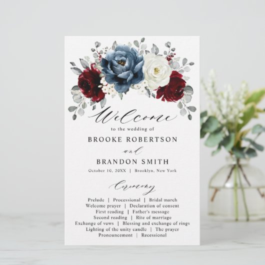 Slate Blue Burgundy White Ivory Wedding Program (Stehend Vorderseite)