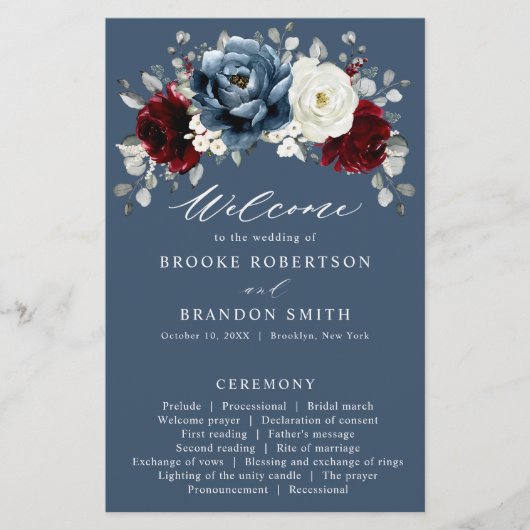Slate Blue Burgundy White Ivory Wedding Program (Vorderseite)