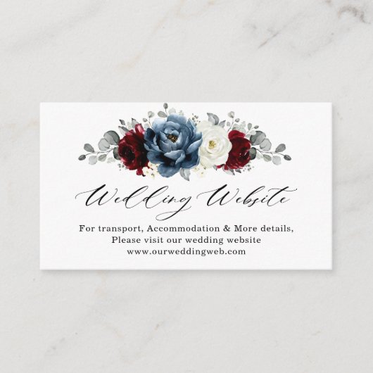 Slate Blue Burgundy White Ivory Wedding Website Begleitkarte (Vorderseite)