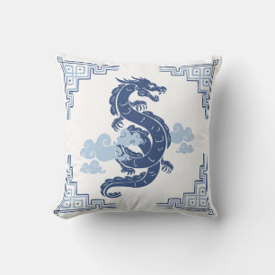 Slate Blue Chinoiserie Dragon and Clouds Kissen