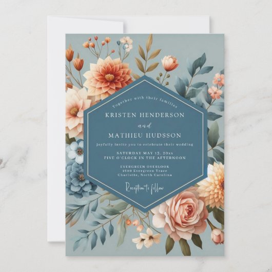 Slate Blue Coral Bloom Wedding Einladung (Vorderseite)