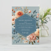 Slate Blue Coral Bloom Wedding Einladung (Stehend Vorderseite)