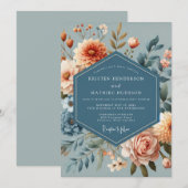 Slate Blue Coral Bloom Wedding Einladung (Vorne/Hinten)