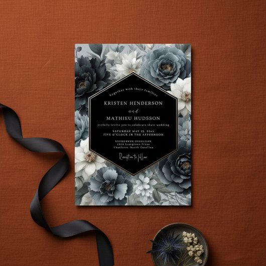 Slate Blue Dark Bloom Wedding Einladung