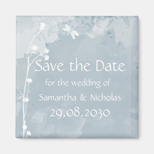 Slate Blue Dragonfly Weiße Blume Save the Date Magnet (Vorne)