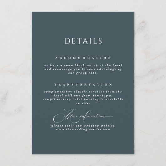 Slate Blue Elegante Calligraphy Wedding Details Begleitkarte (Vorderseite)
