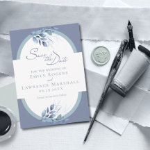 Slate Blue Eukalyptus Wedding Save the Date Card
