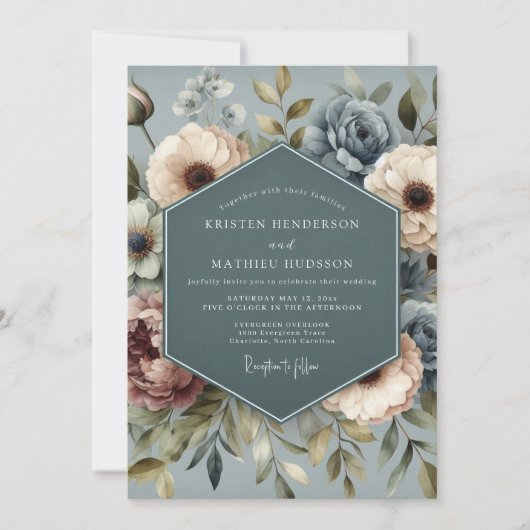 Slate Blue Faded Posy Wedding Einladung (Vorderseite)