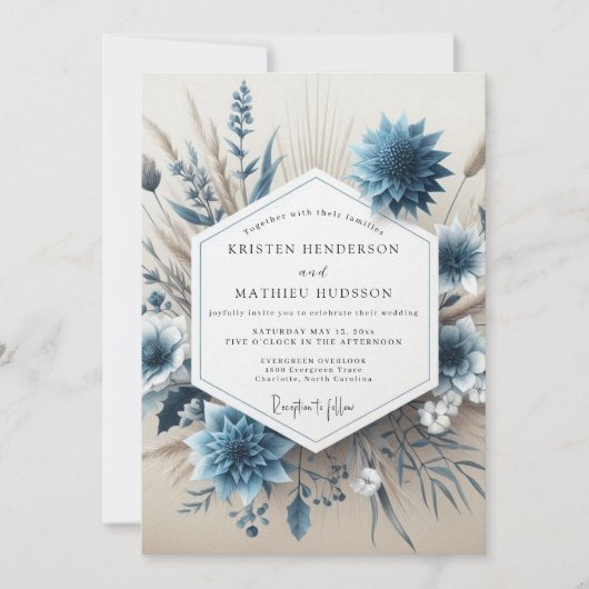 Slate Blue Floral Autumn Wedding Einladung (Vorderseite)