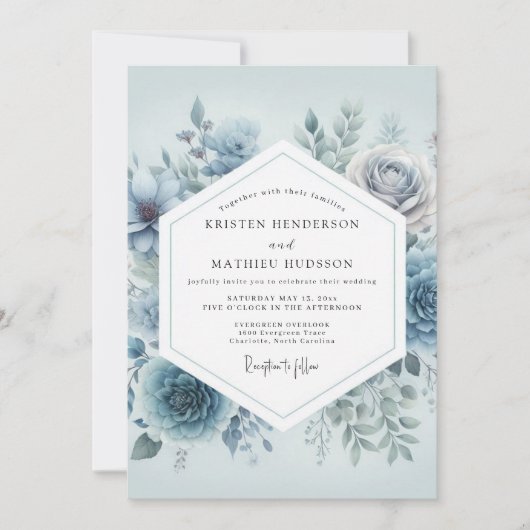 Slate Blue Floral Dream Wedding Einladung (Vorderseite)