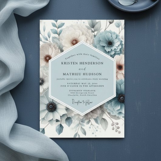 Slate Blue Floral Elegance Wedding Einladung