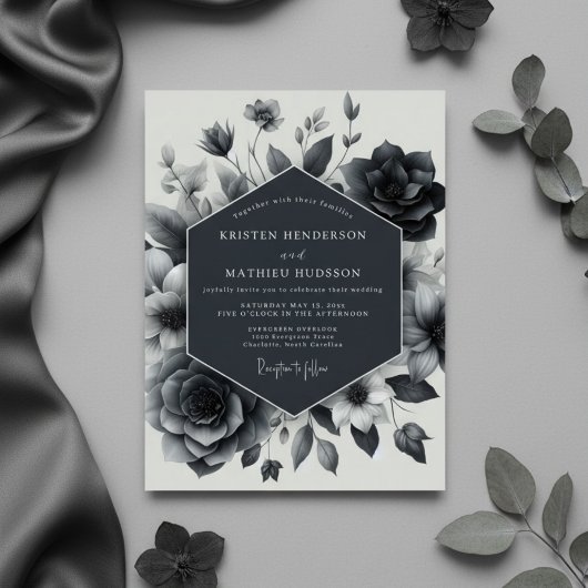 Slate Blue Floral Enchantment Wedding Einladung