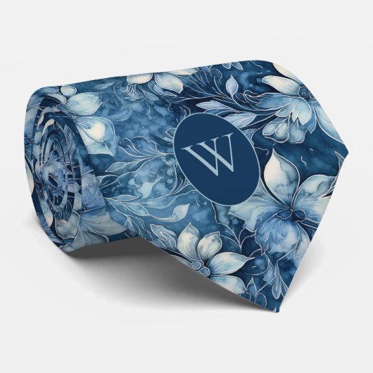 Slate Blue Floral Monogram Krawatte (Gerollt)
