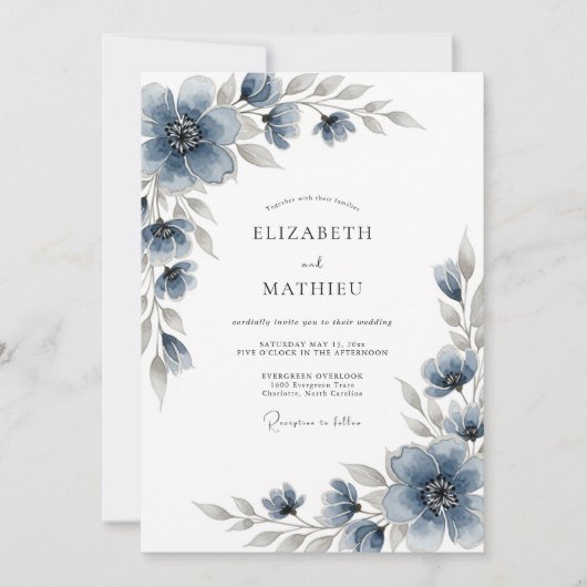 Slate Blue Floral Romantic Wedding Einladung (Vorderseite)