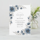 Slate Blue Floral Romantic Wedding Einladung (Stehend Vorderseite)