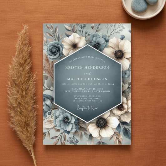 Slate Blue Floral Whimsy Wedding Einladung