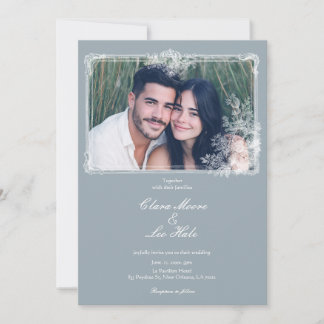 Slate Blue French Country Wedding Photo Invitation Einladung
