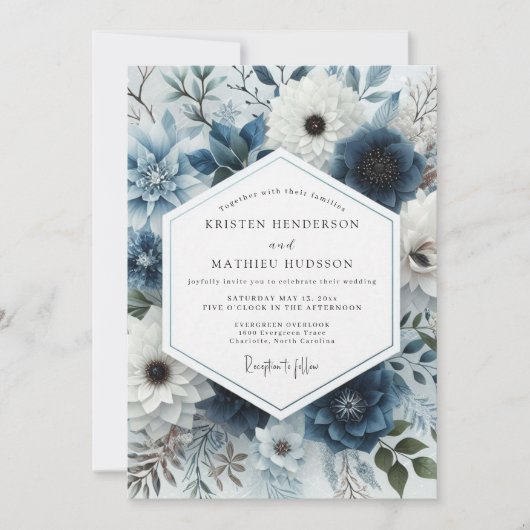 Slate Blue Frosted Flora Wedding Einladung (Vorderseite)