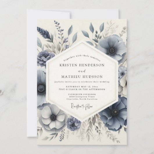 Slate Blue Frosted Floral Wedding Einladung (Vorderseite)