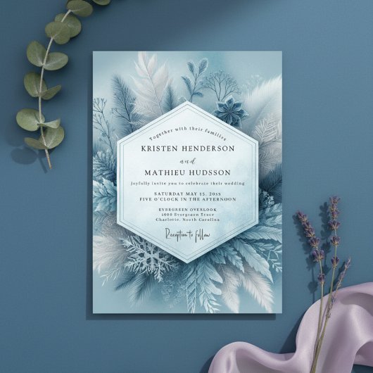 Slate Blue Frosty Botanical Wedding Einladung