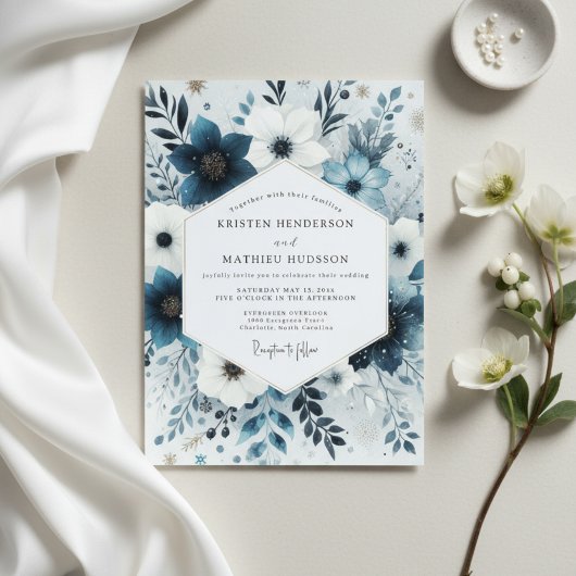 Slate Blue Frosty Flora Wedding Einladung