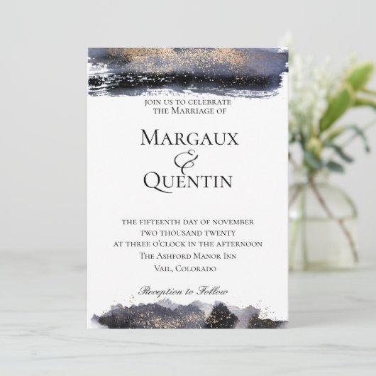 Slate Blue Golden Brush Einladung zur Hochzeit (Stehend Vorderseite)
