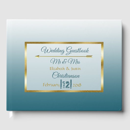 Slate Blue Gradient and Gold Heart Wedbook Gästebuch (Vorderseite)