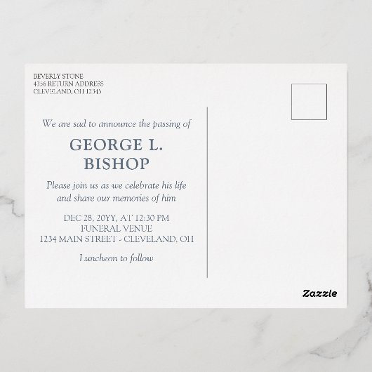 Slate Blue Greenerity Frame Oval Foto Beerdigung G Folie Einladungspostkarte (Rückseite)