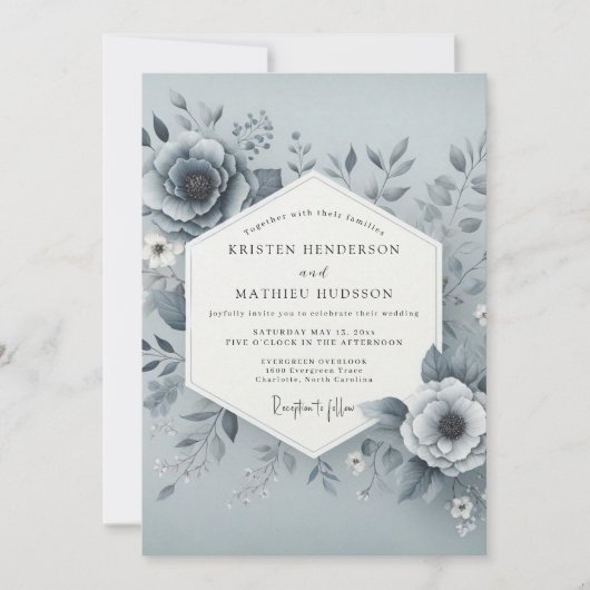 Slate Blue Hazy Bloom Wedding Einladung (Vorderseite)