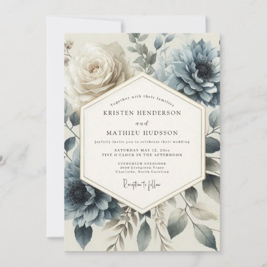 Slate Blue Heirloom Bloom Wedding Einladung (Vorderseite)