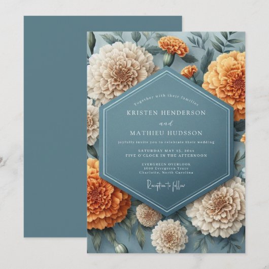 Slate Blue Marigold Bloom Wedding Einladung (Vorne/Hinten)