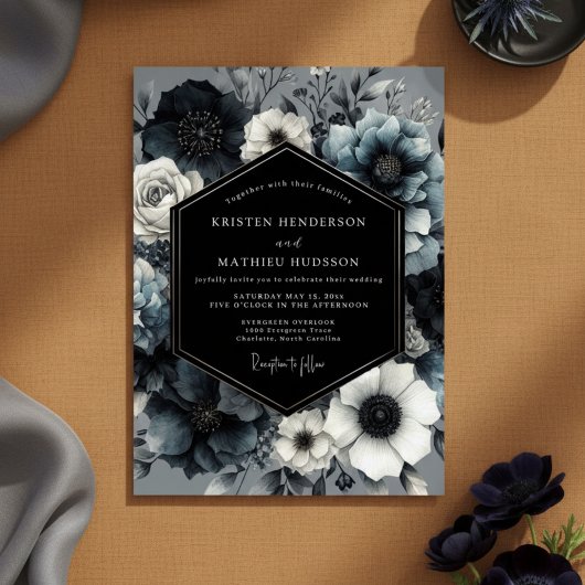 Slate Blue Midnight Bloom Wedding Einladung