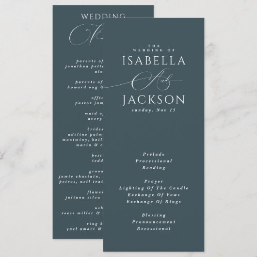 Slate Blue Moderne Elegante Minimalistische Hochze Programm (Vorne/Hinten)