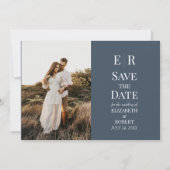 Slate Blue Monogram Custom Foto Save the Date Einladung (Vorderseite)