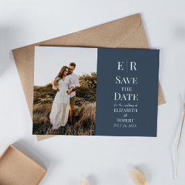 Slate Blue Monogram Custom Foto Save the Date Einladung