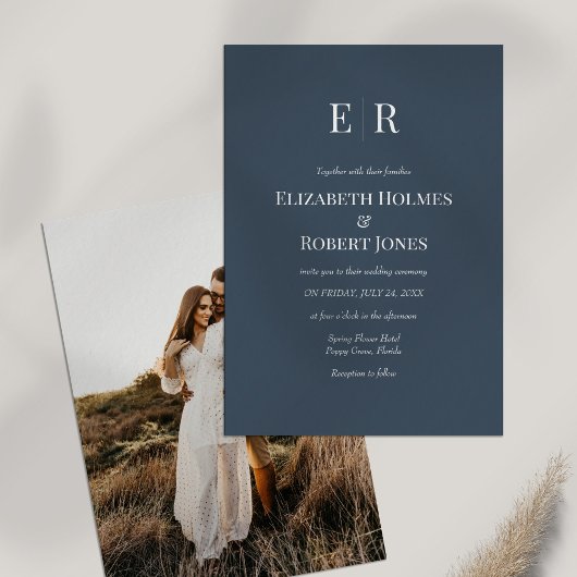 Slate Blue Monogram Custom Foto Wedding Einladung