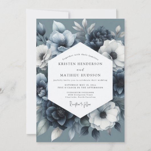 Slate Blue Moody Bloom Hochzeit Einladung (Vorderseite)