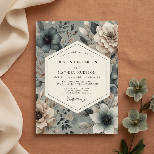 Slate Blue Moody Bloom Hochzeit Einladung