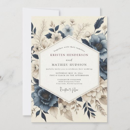 Slate Blue Muted Bloom Wedding Einladung (Vorderseite)