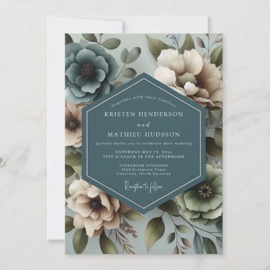 Slate Blue Muted Floral Wedding Einladung (Vorderseite)